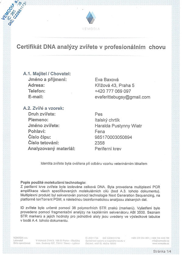 Haralda Pustynny Wiatr DNA certifikat CZ