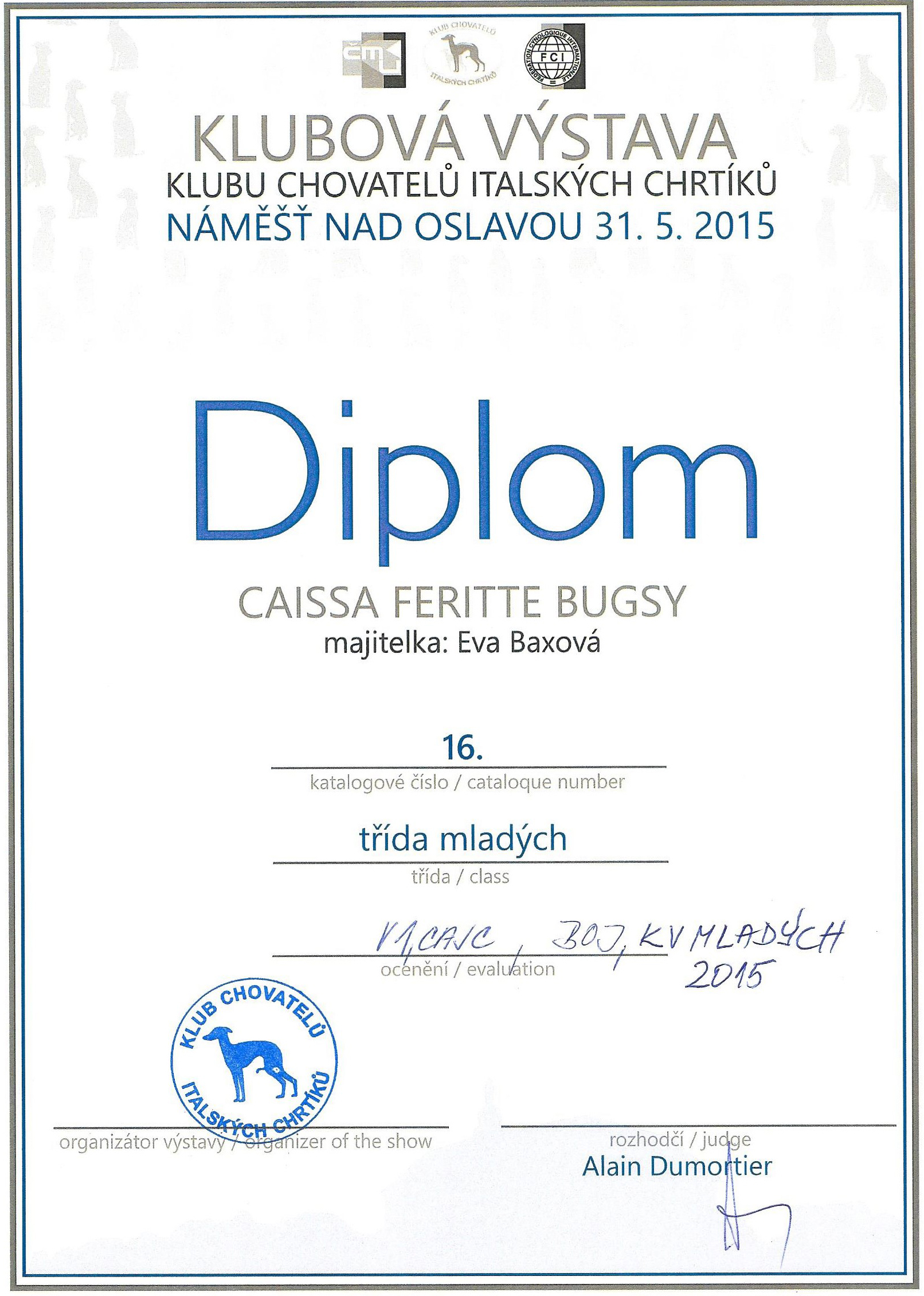 Caissa Feritte Bugsy diplom Klubovy vítez 2015